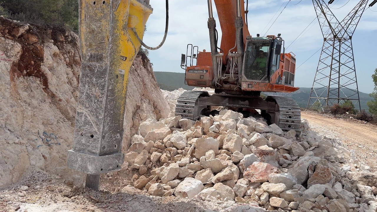 Caterpillar 385C with Epiroc HB 10000 Lowers Road Slope by 1.8 Meters | 4K - Sotiriadis Constr.