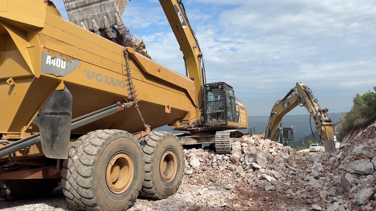 Mountain Road: Caterpillar 336E, D6R, Volvo A40D, Epiroc & Hamm Roller in (4K) - Sotiriadis Constr.